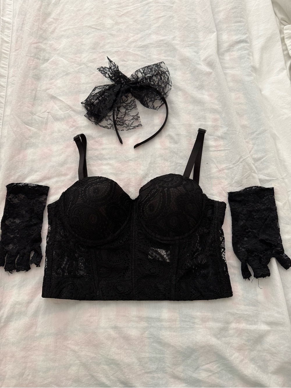 Black Lace Bustier Crop Top with Gloves and Headband